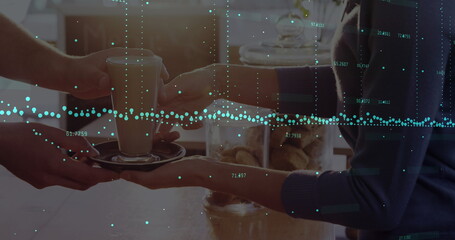 Poster - Image of green sports with data processing over woman getting coffee in coffee shop