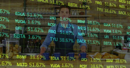 Poster - Image of trading board over smiling caucasian barista placing coffee cups on counter at cafes