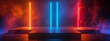 Abstract background podium with neon lights and smoke, dark room with a concrete floor. Neon blue, red, and orange lights, glowing lines in the retro futuristic style
