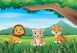Baby wild animal cartoon in a beautiful green forest