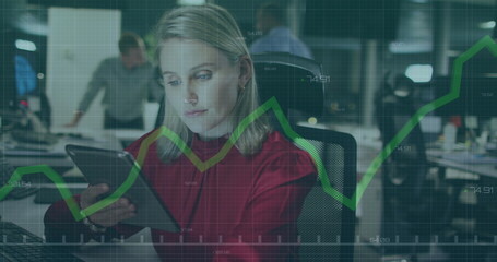 Poster - Image of financial data processing with green line over caucasian businesswoman in office