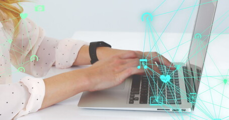 Poster - Image of network of connections with icons over caucasian woman using laptop