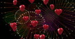 Image of red hearts over fireworks on black background