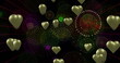 Image of gold hearts over fireworks on black background
