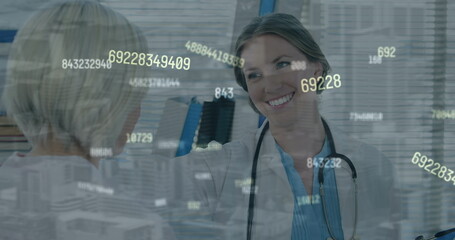 Poster - Image of numbers processing over caucasian female doctor with patient