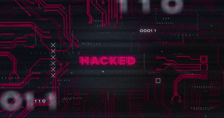 Poster - Image of binary codes over hacked text in circuit board pattern against black background
