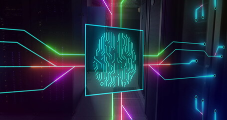 Poster - Image of illuminated circuit board pattern around brain in square over server room