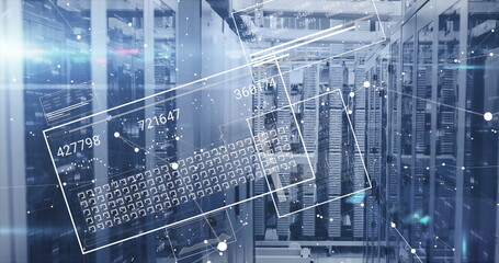 Poster - Image of data processing and shapes over server room