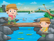Two kids cartoon fishing fish in the river