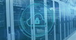 Image of padlock and cloud icon scanning in loading circles over server room