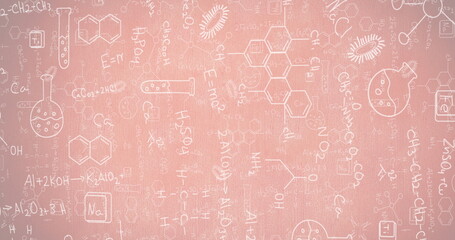 Sticker - Image of science concept icons and formulas against pink gradient background