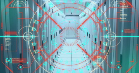 Poster - Image of mandala pattern in loading circles and computer language over server room
