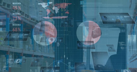 Poster - image of infographic interface over unoccupied parked forklift in warehouse