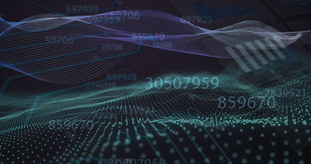 Poster - Image of multiple changing numbers and statistical data processing against digital wave