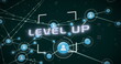 Image of network of connections and scope over level up text banner against green background