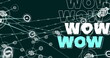 Image of network of digital icons over wow text banner against green background