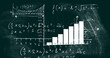 Image of statistical data processing and mathematical equations on green chalkboard background
