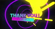 Image of thank you text banner over neon purple tunnel in seamless pattern on black background