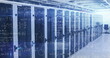 Image of mathematical equation and diagrams over server racks in server room
