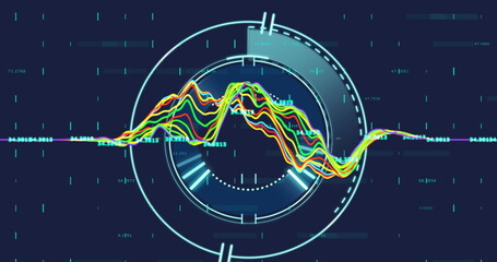 Poster - Image of data processing over round scanner against blue background