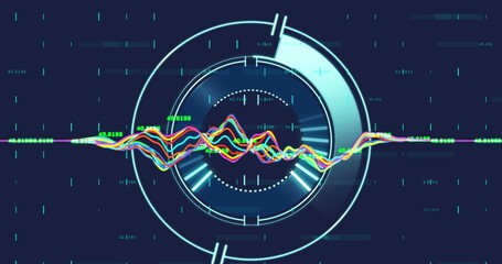 Poster - Image of data processing over round scanner against blue background