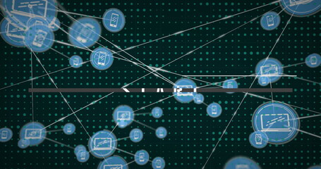 Poster - Image of start text banner and network of digital icons against dots pattern on green background