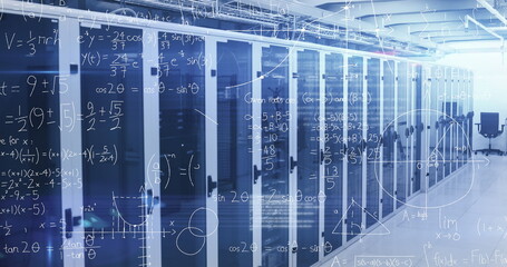 Poster - Image of mathematical equation and diagrams over server racks in server room