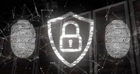 Poster - Image of fingerprints and padlock in shield over connected dots against server racks