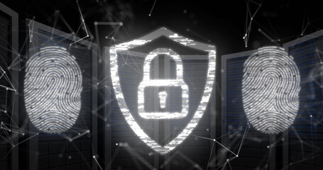 Poster - Image of fingerprints and padlock in shield over connected dots against server racks