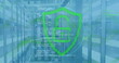 Image of padlock in shield, computer language over bars on data server room