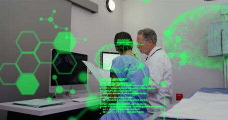 Poster - Image of medical data processing over male and female scientists working together at laboratory