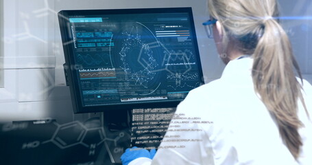 Poster - Image of data processing over caucasian senior female scientist using computer at laboratory