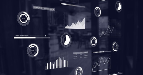 Poster - Image of multiple graphs moving over entrance of empty coffee shop