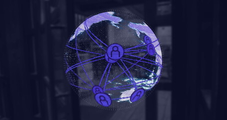 Poster - Image of globe with connected profile icons over entrance of empty coffee shop