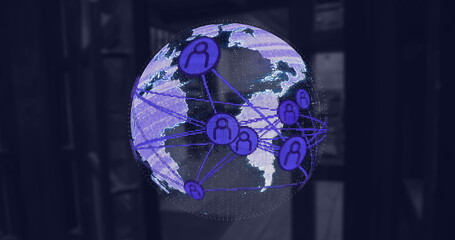 Poster - Image of globe with connected profile icons over entrance of empty coffee shop