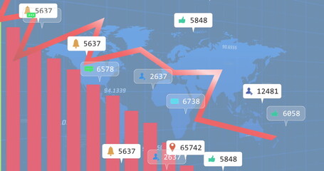 Poster - image of graphs, notification bars and numbers with map over blue background