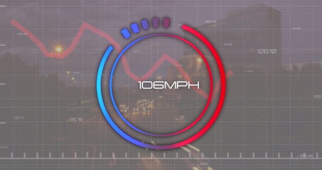 Poster - Image of changing numbers in loading speedometer, graphs, time-lapse of moving vehicles in city