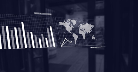 Poster - Image of screens with multiple graphs moving over entrance of empty coffee shop