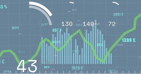 Leinwandbilder - Image of changing numbers with loading circles over graphs against blue background