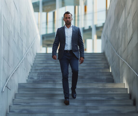 A businessman descending stairs, indoors, representing career growth and success concepts, professional atmosphere, Generative AI.