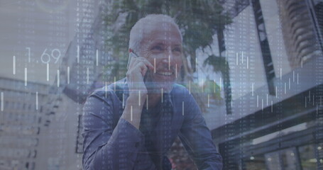 Poster - Image of line forming graph, low angle view of senior caucasian man talking on cellphone