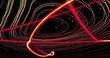 Image of orange and red light trails moving over contour lines and particles on black background