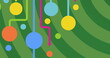 Image of colourful connected circles and pink shapes moving on green striped background