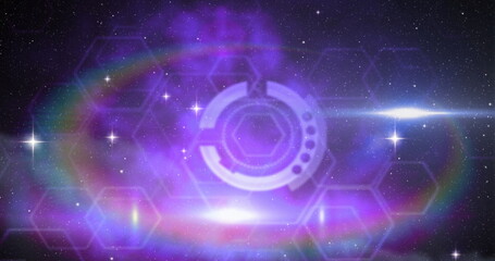 Sticker - Image of scope glowing spots with lens flare on purple clouds of smoke in universe