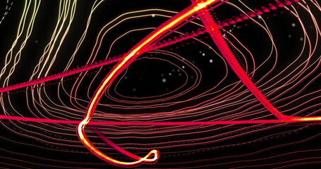 Wall Mural - Image of orange and red light trails moving over contour lines and particles on black background
