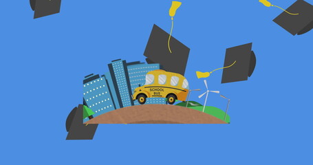 Poster - Digital image of graduation hat icons falling over school bus icon against blue background