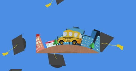 Poster - Digital image of graduation hat icons falling over school bus icon against blue background
