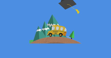 Poster - Digital image of graduation hat icons falling over school bus icon against blue background