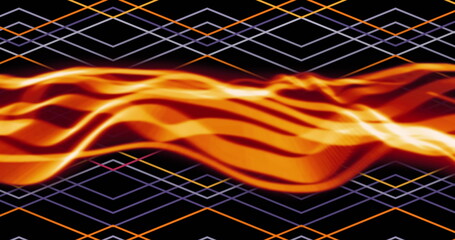 Poster - Image of glowing orange waves moving over orange and white lines on black background