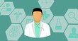 Image of doctor icon over medical icons on green background